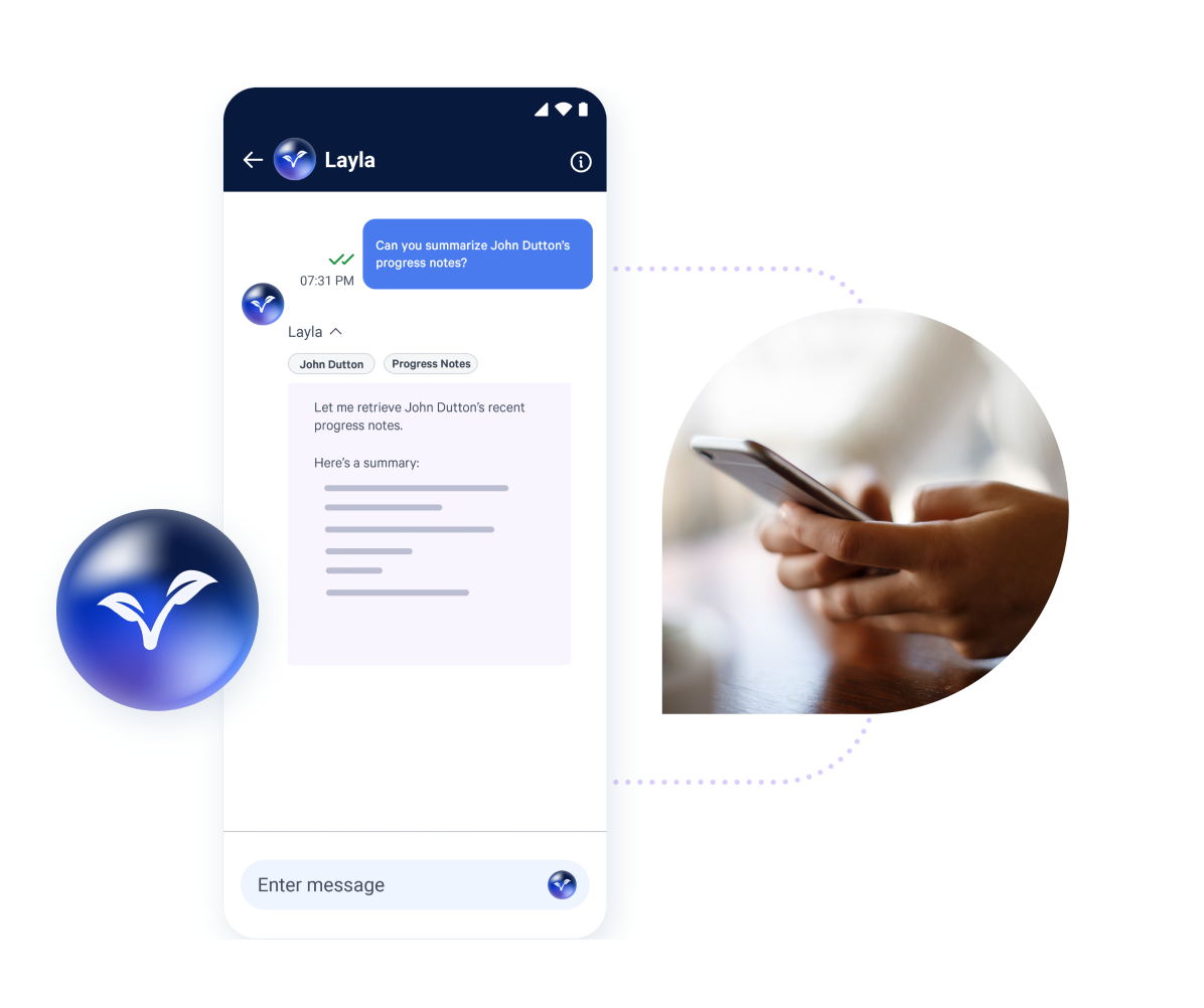 Mobile Layla chat assistant summarizing a client's recent progress notes