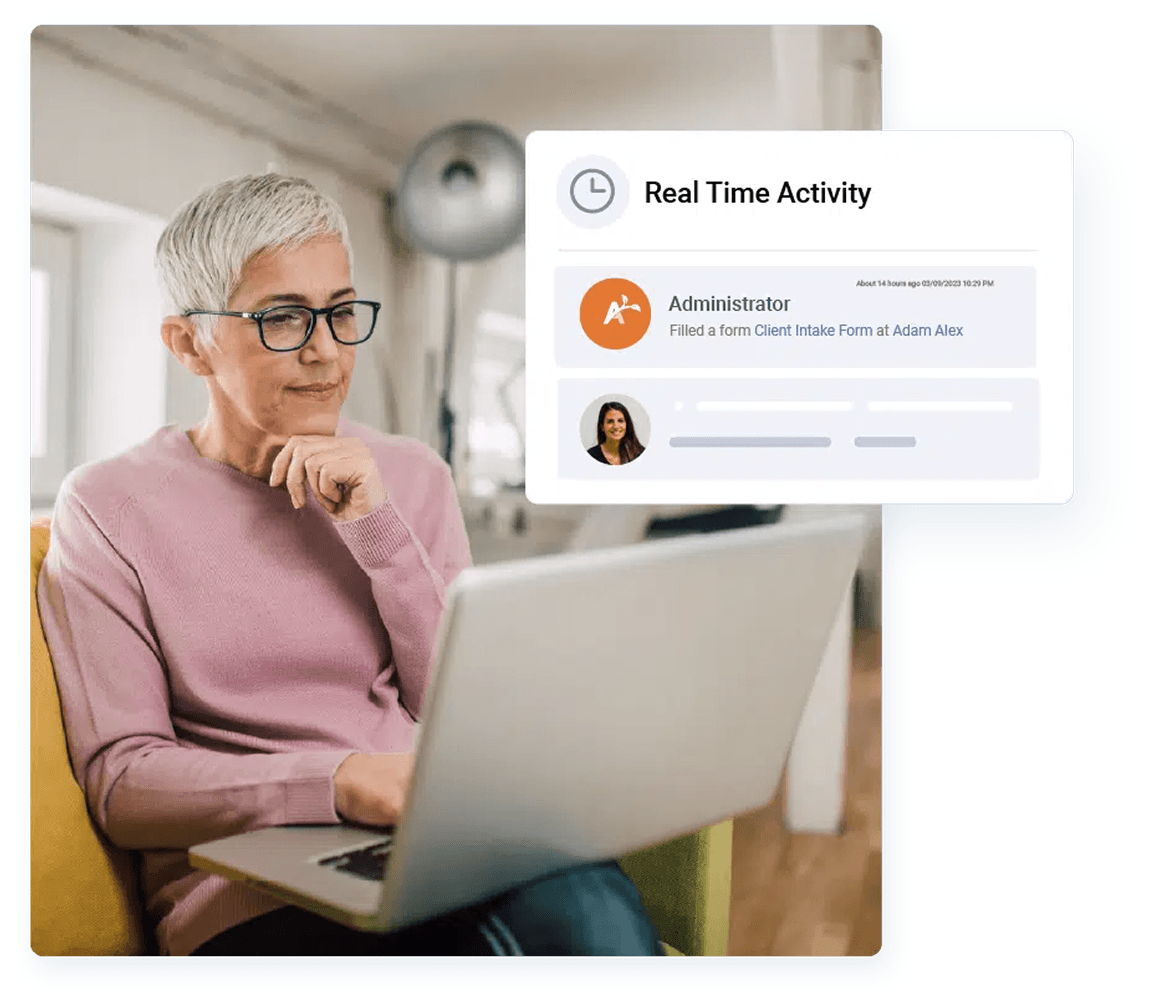 AlayaCare real-time activity feed showing an administrator's client intake form submission