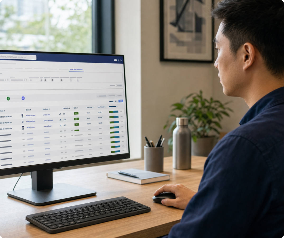 Office worker viewing an AlayaCare visit optimization table showing continuity, skills match, and travel time scores