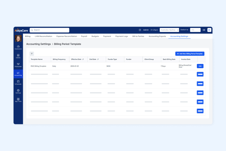 AlayaCare billing settings screen showing an NDIS billing period template with funder and frequency details