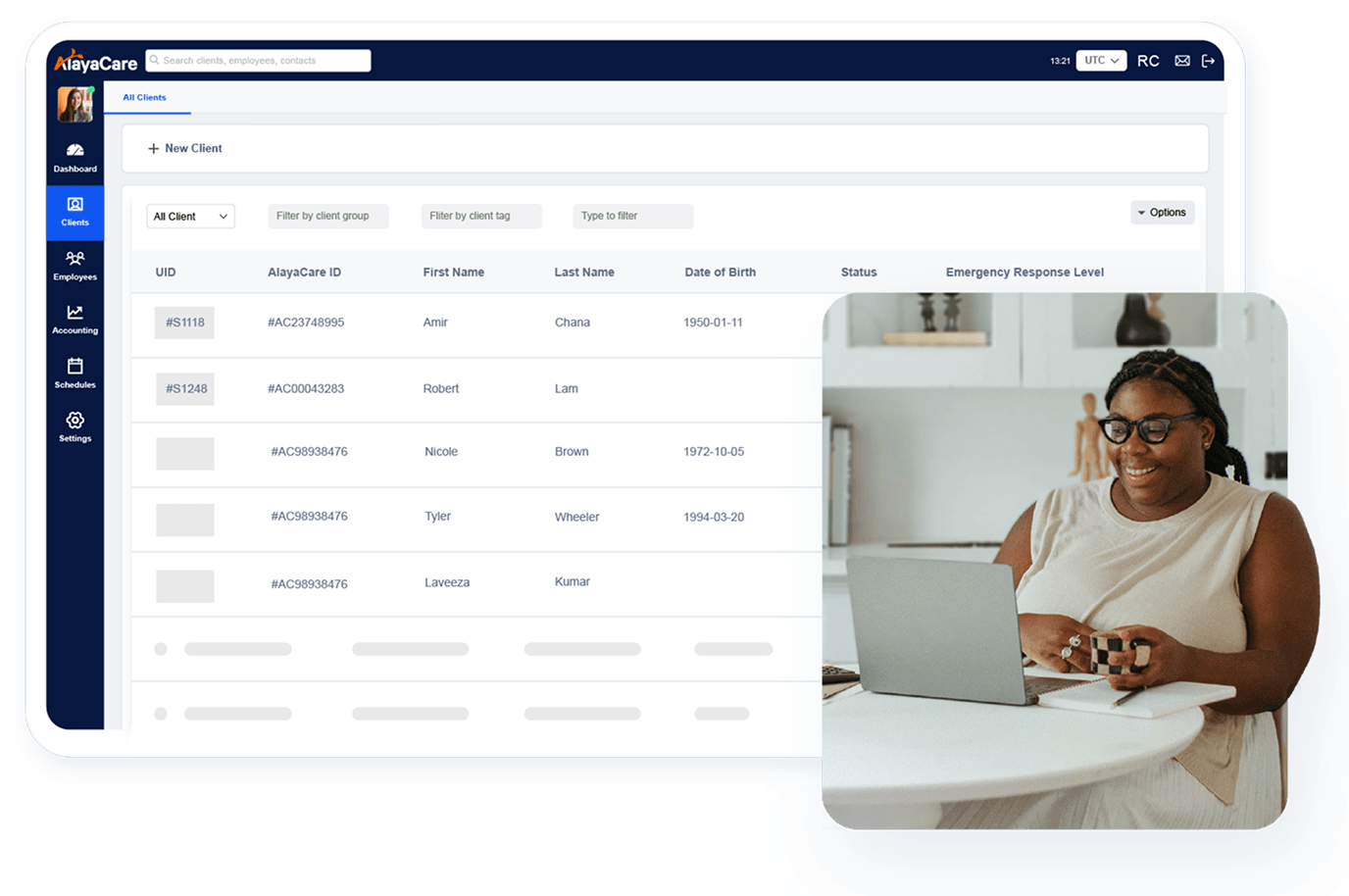 AlayaCare all clients list showing UID, name, date of birth, and emergency response level columns