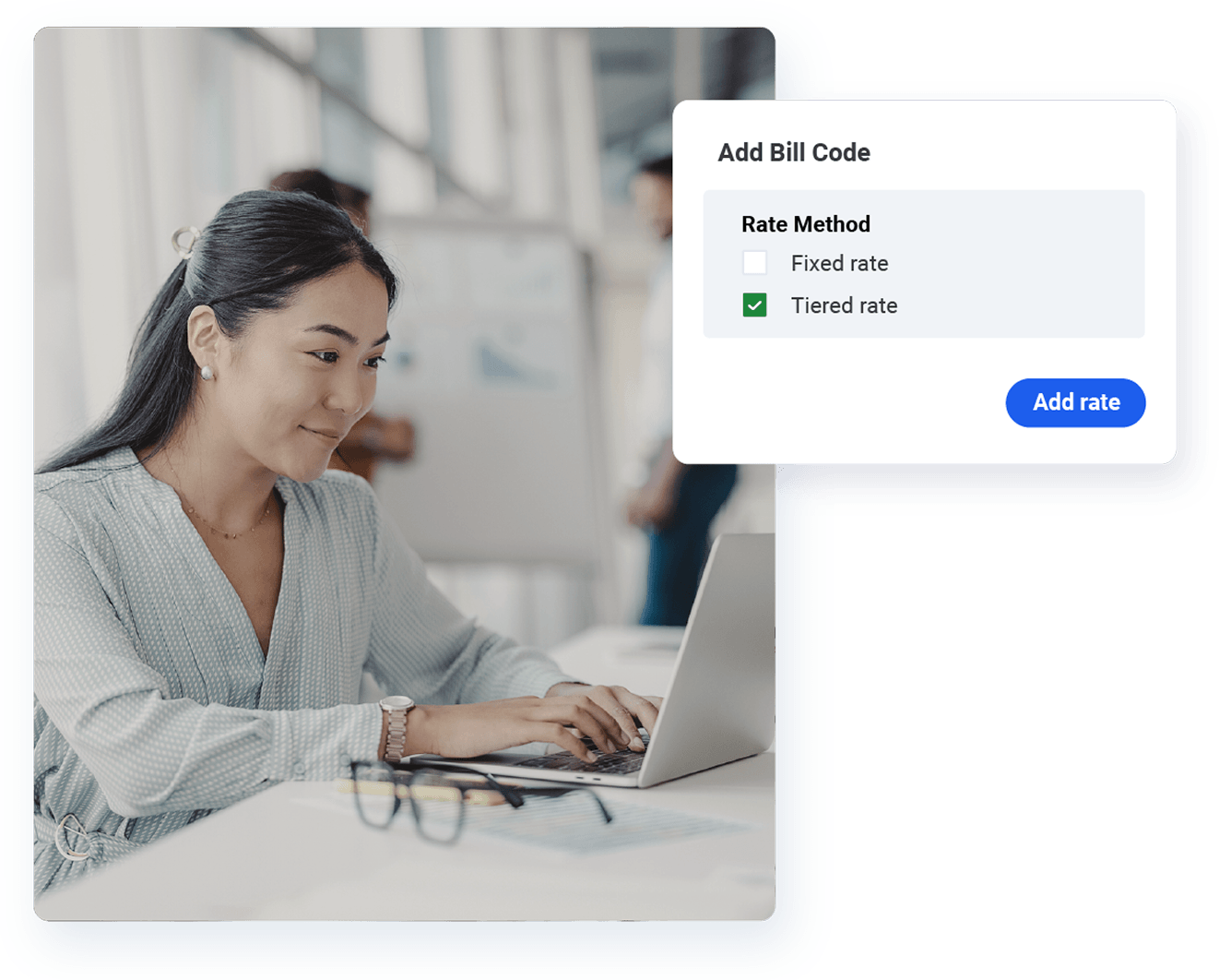AlayaCare Add Bill Code panel showing fixed rate and tiered rate method options