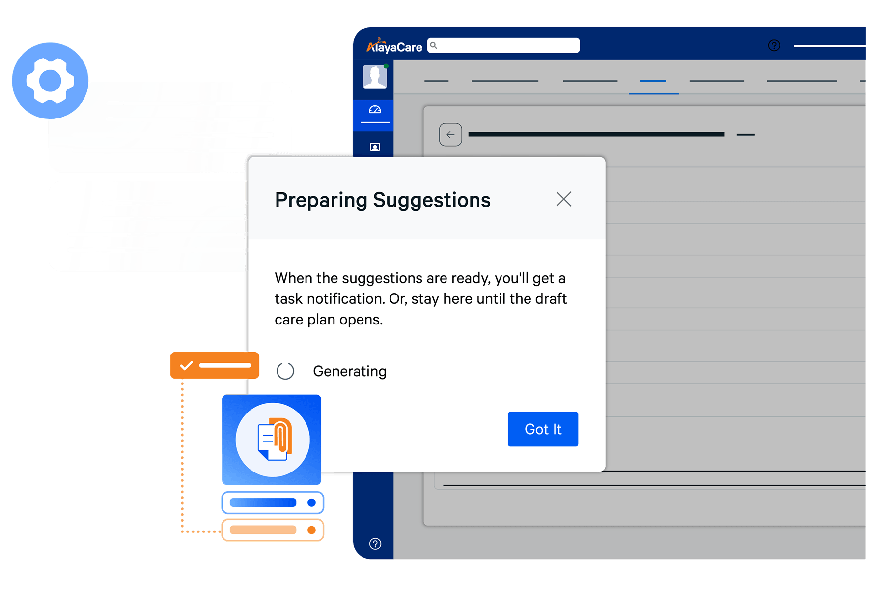 AlayaCare preparing suggestions dialog while generating a draft care plan
