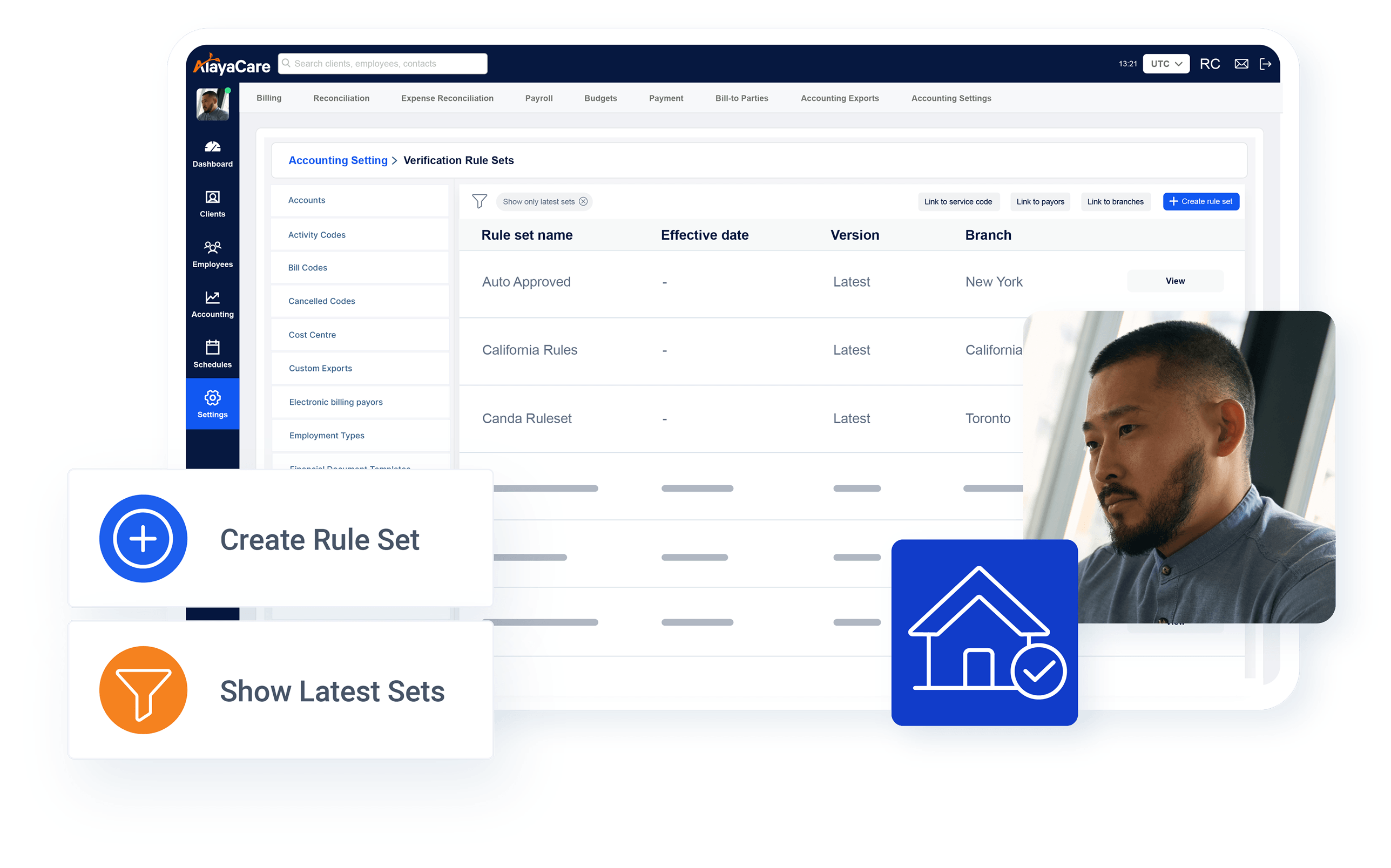 AlayaCare EVV Verification Rule Sets settings screen listing rule sets by branch with a Create Rule Set button