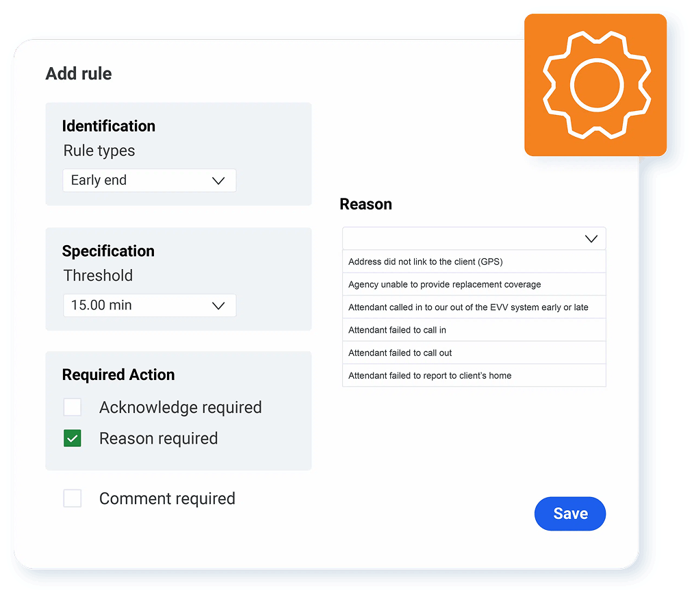 AlayaCare Add Rule form for configuring an EVV exception rule with threshold and required actions