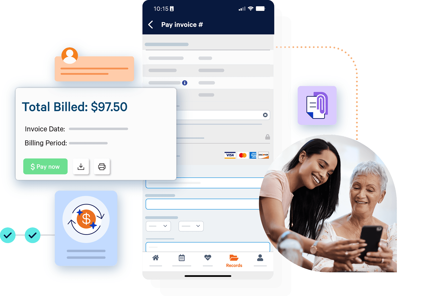 AlayaCare Family Portal invoice payment screen showing total billed amount and a family member reviewing it on a phone