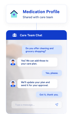 AlayaCare care team chat showing a medication profile update shared with the care team