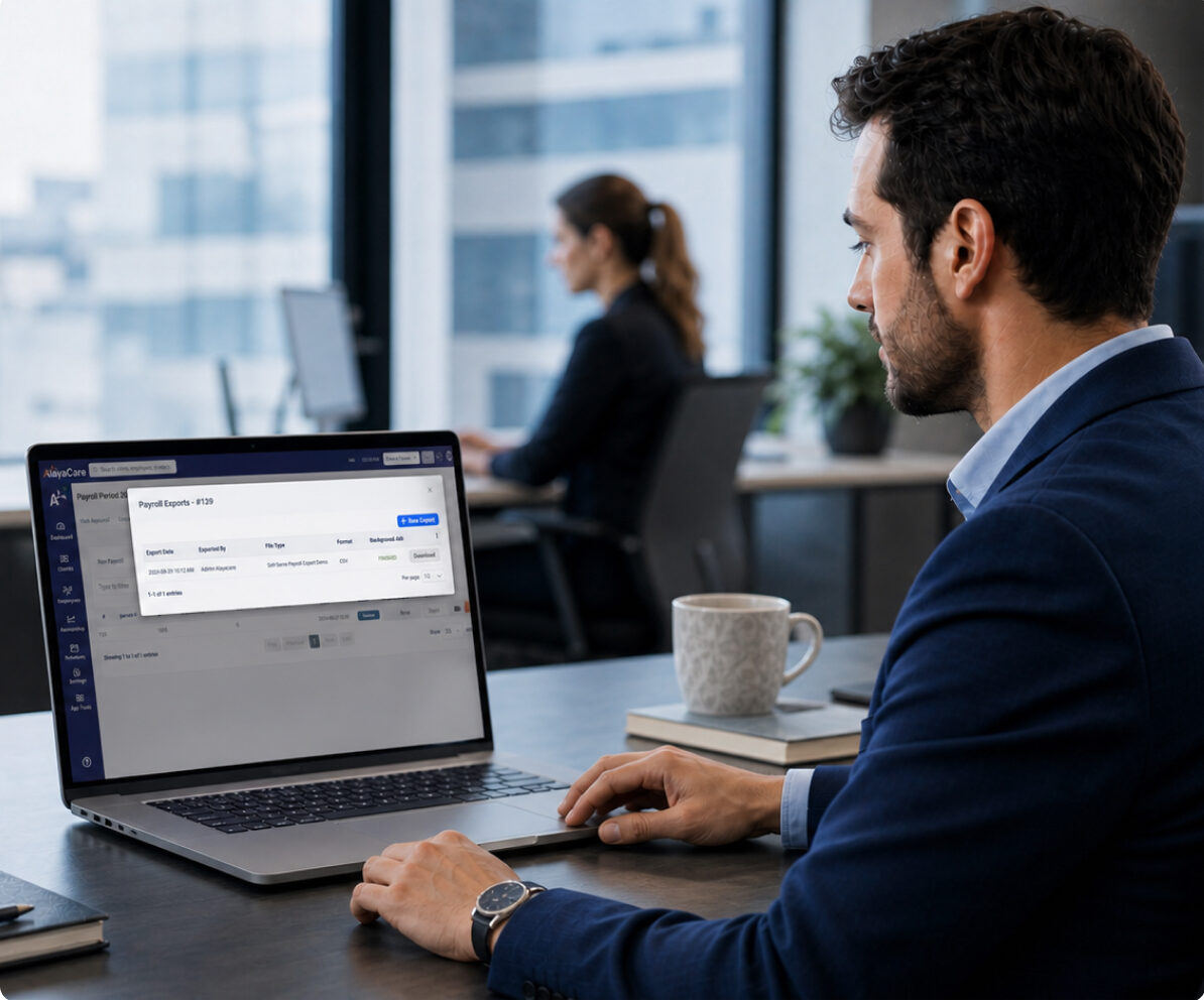 Office worker viewing an AlayaCare Payroll Exports screen listing export history on a laptop