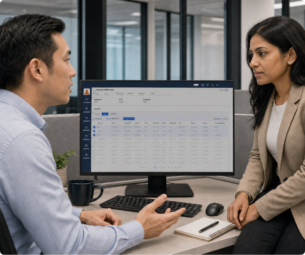 Two office workers discussing an AlayaCare payment details screen showing a payments table on a desktop monitor