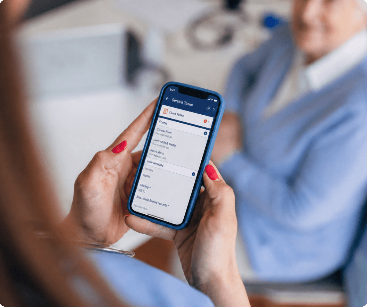 AlayaCare mobile app Service Tasks screen showing client tasks, forms, and clinical documentation categories