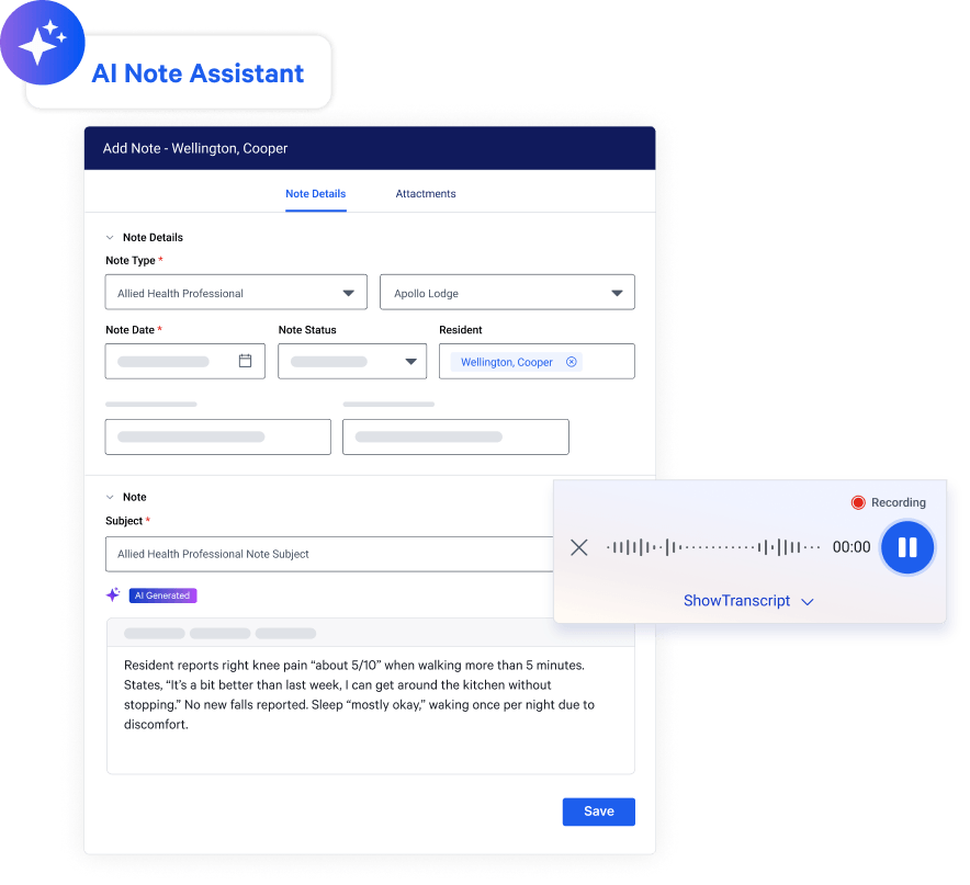 AlayaCare AI Note Assistant recording a voice note and generating a resident progress note