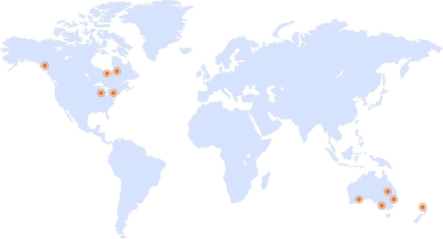 World map showing AlayaCare office locations across North America and Australia/New Zealand
