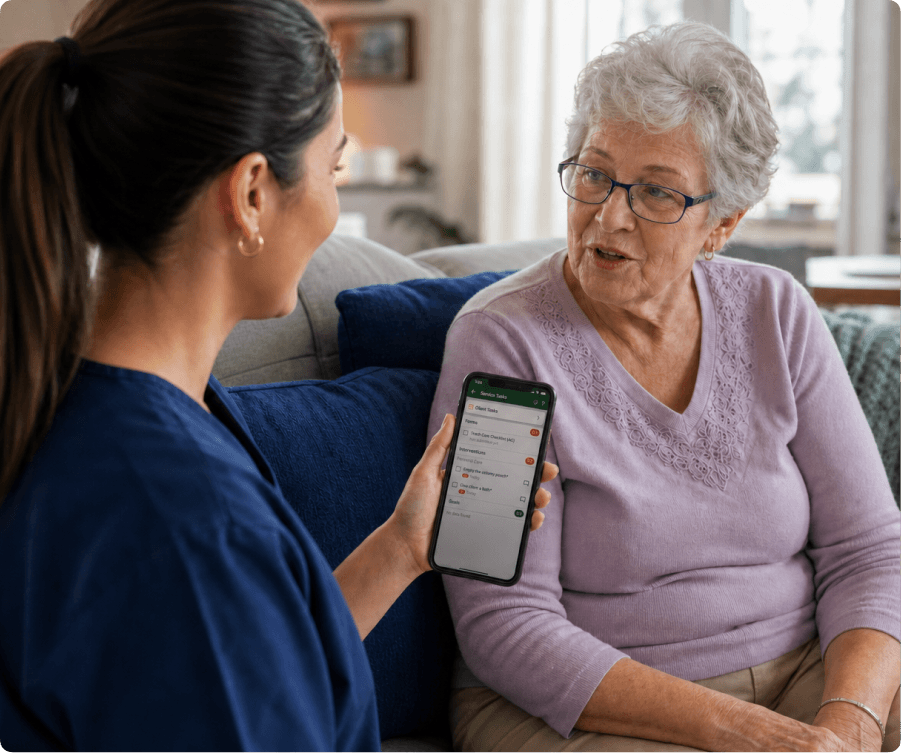 AlayaCare app showing a client's service task checklist including personal care and intervention tasks