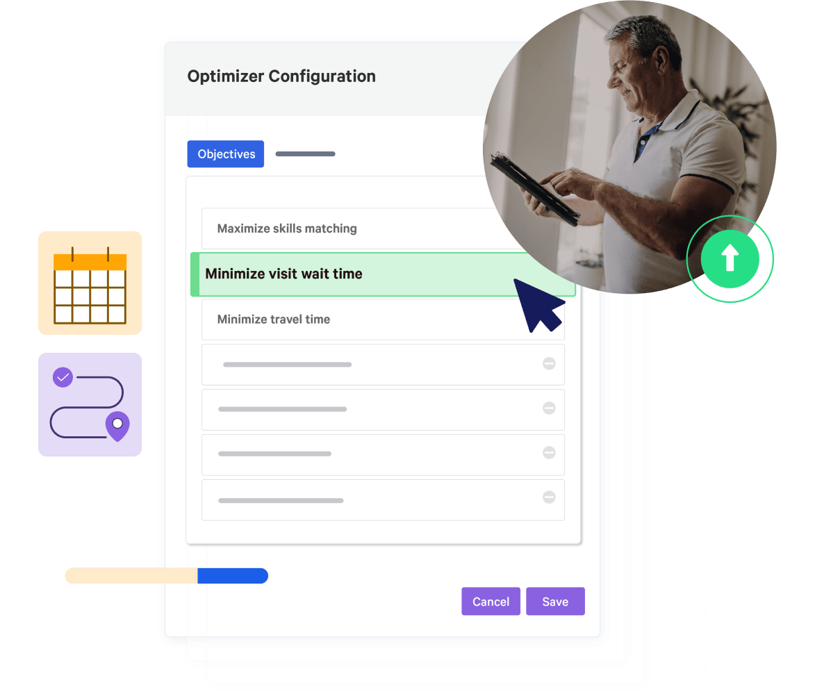 AlayaCare Optimizer Configuration panel showing objectives to maximize skills matching and minimize visit wait and travel time
