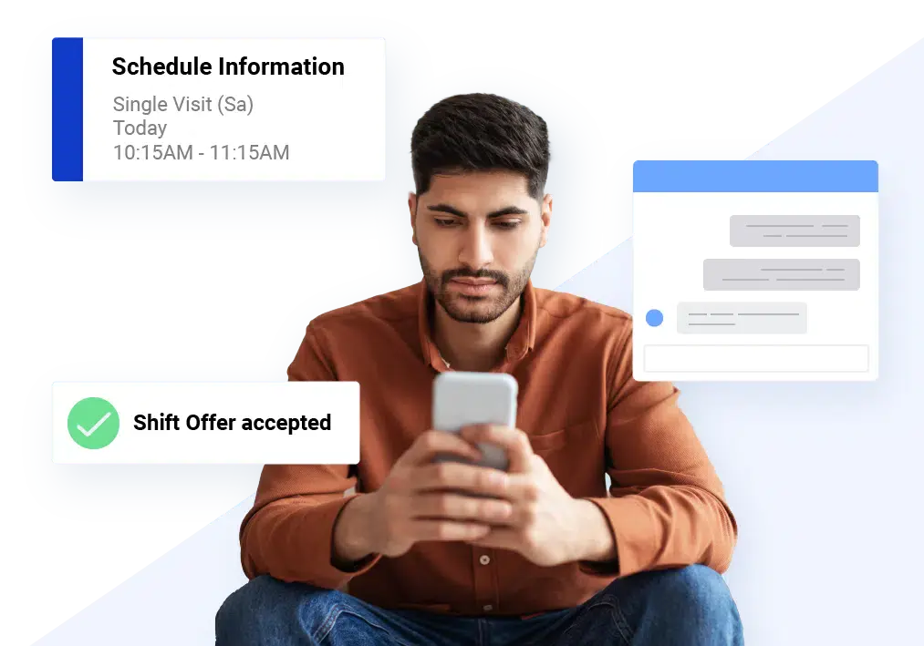 AlayaCare app showing schedule information for a single visit and a shift offer accepted notification on a caregiver's phone