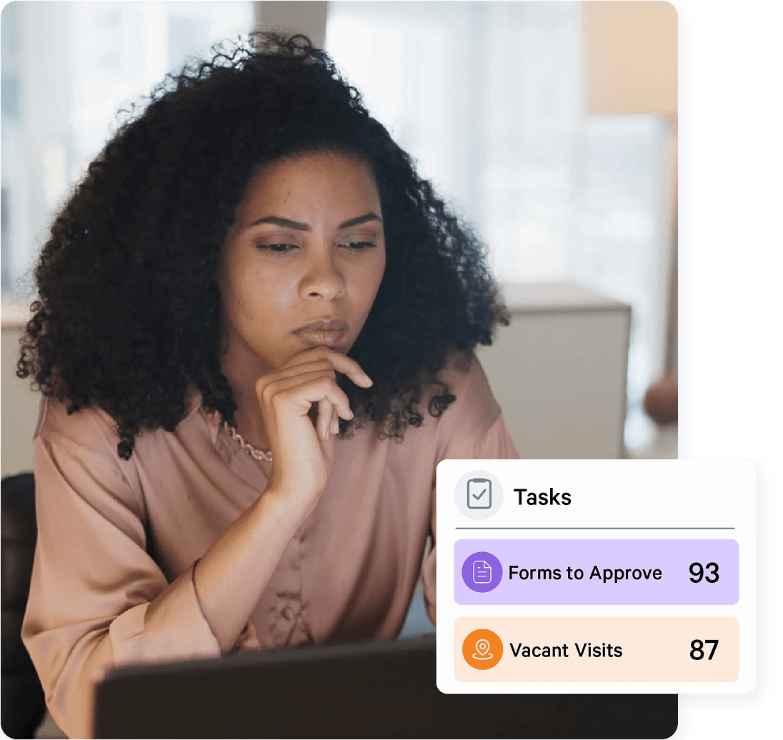 AlayaCare Tasks panel showing counts of forms to approve and vacant visits requiring attention