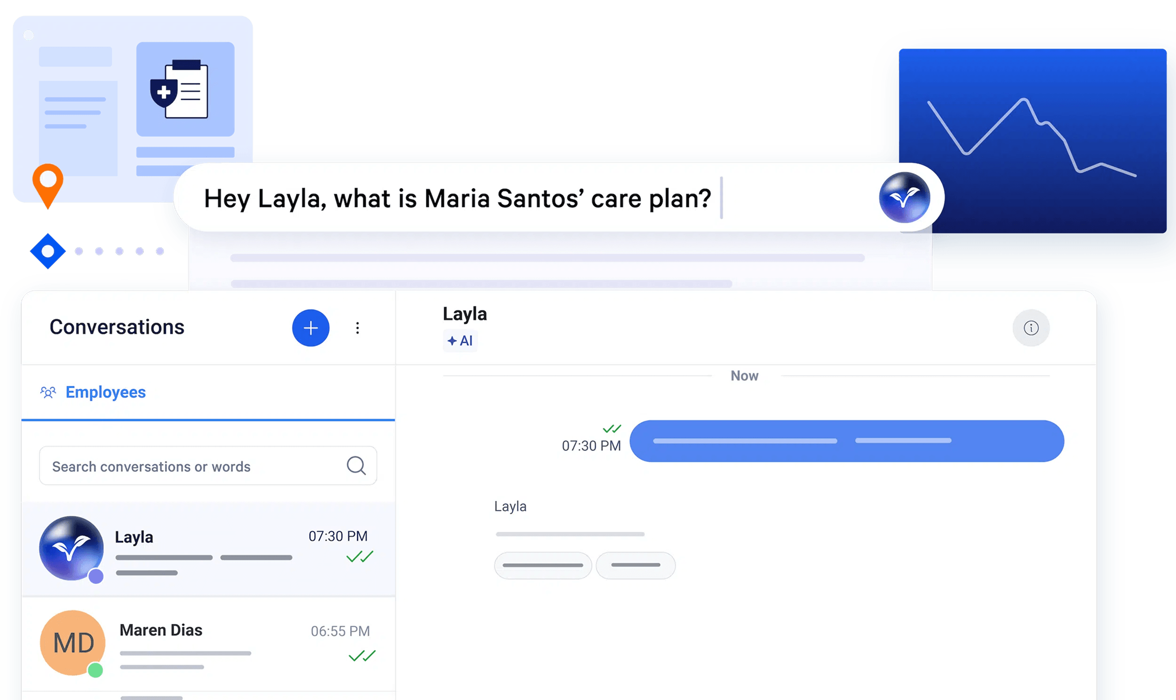 Layla AI chat assistant answering the typed question about a client's care plan
