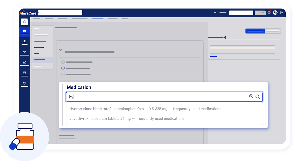 AlayaCare medication search dropdown showing frequently used medication suggestions for a search query