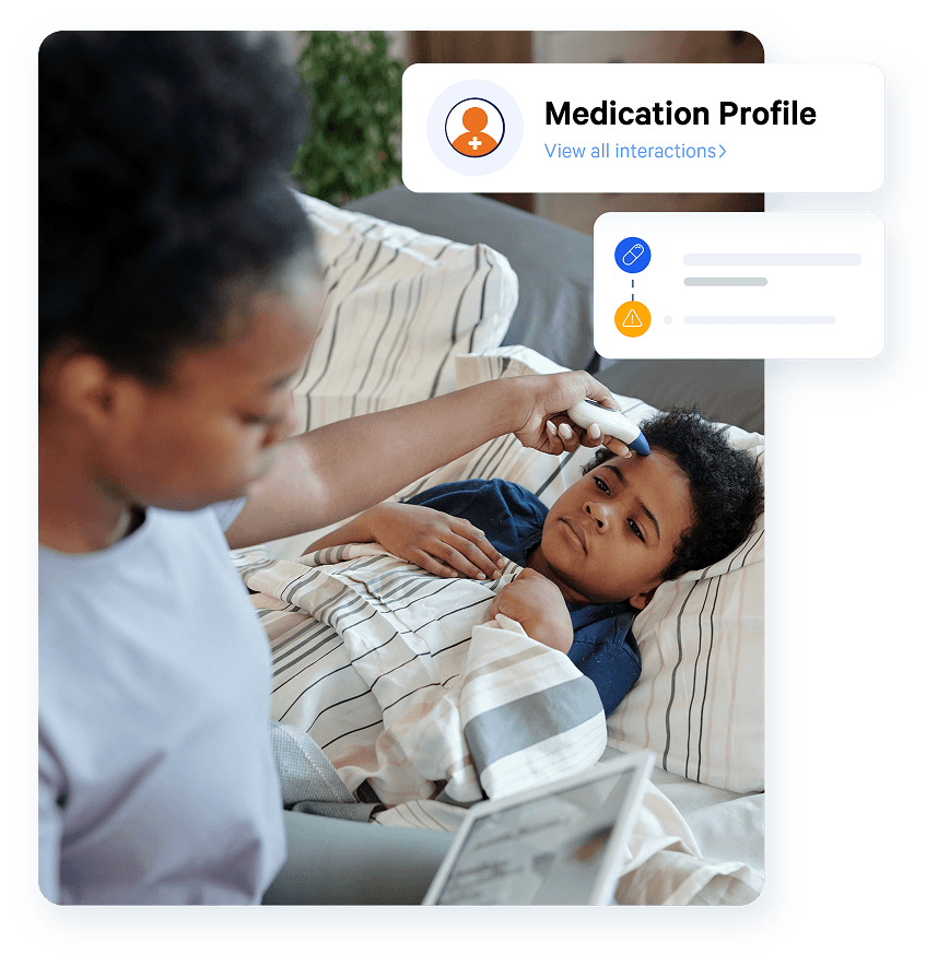 AlayaCare Medication Profile card showing drug interaction alerts overlaid on a caregiver checking a child's temperature