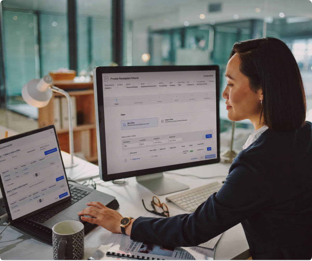 AlayaCare screen for processing a marketplace referral and matching or creating a client record