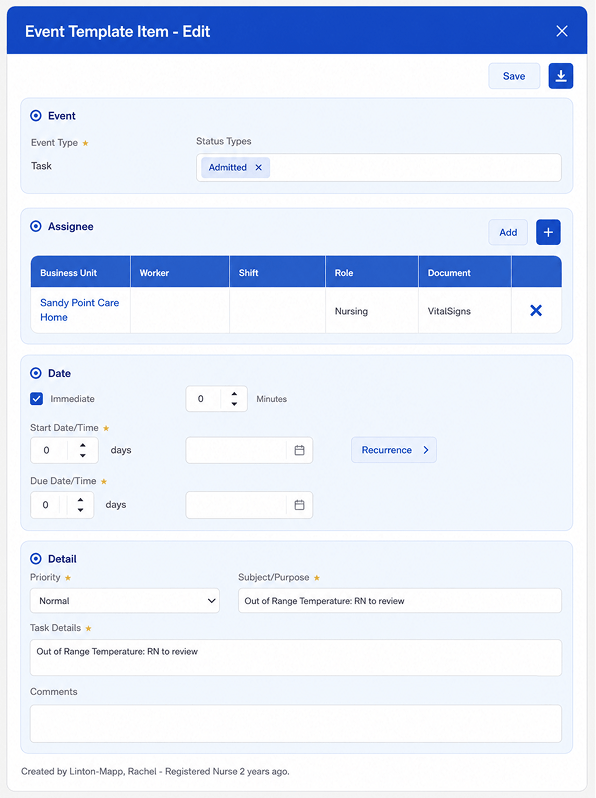 AlayaCare event template editor showing task assignment, scheduling, and detail fields for a care task