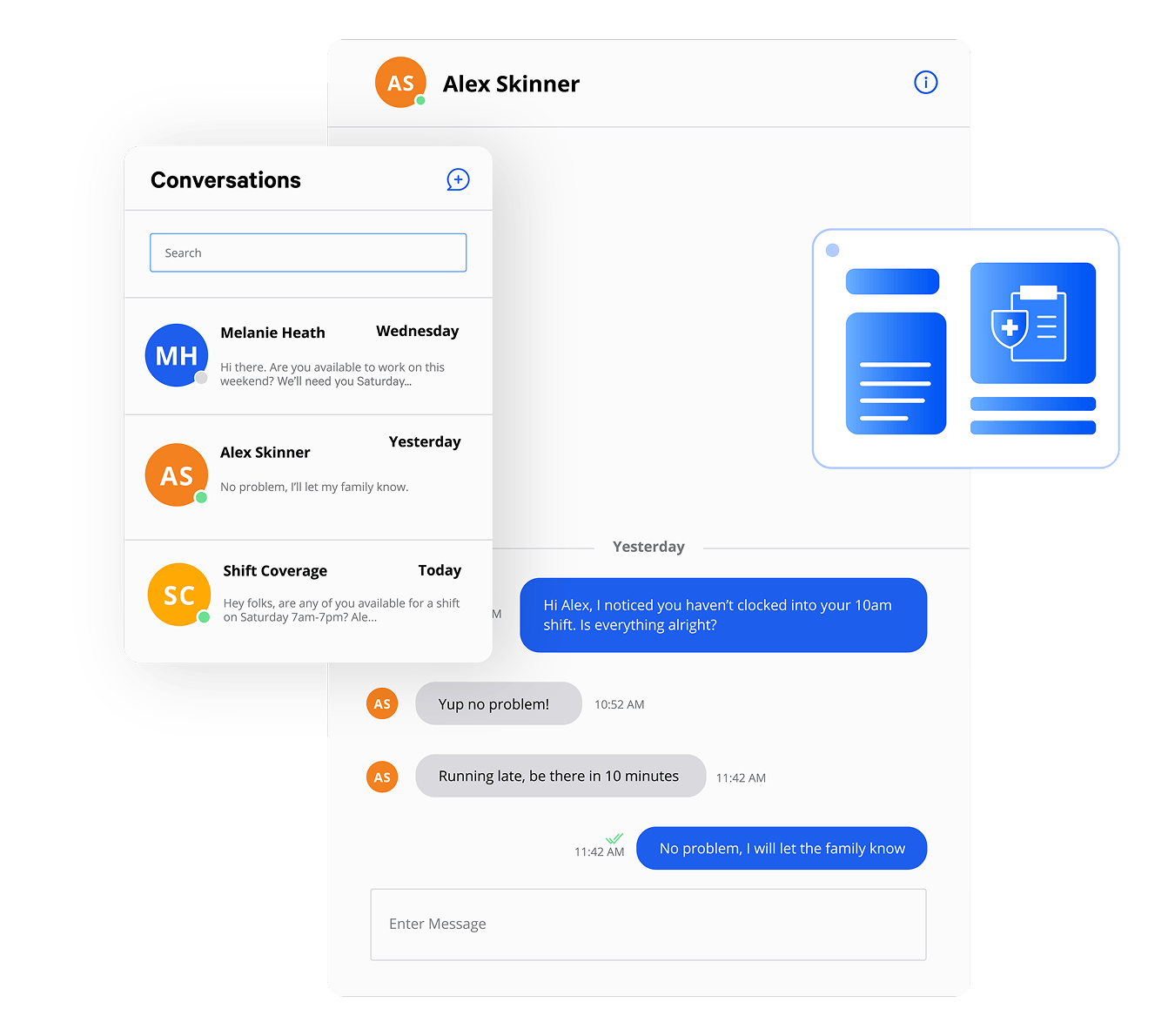 AlayaCare secure messaging interface showing a conversations list and an active care team chat thread