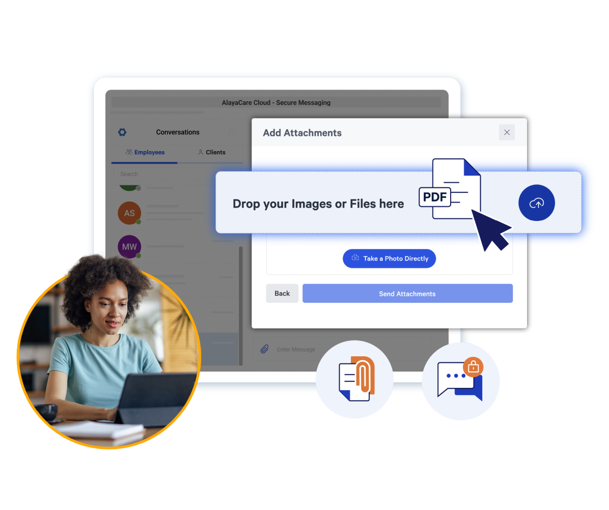 AlayaCare Cloud secure messaging Add Attachments dialog for uploading images, files, or photos to a conversation