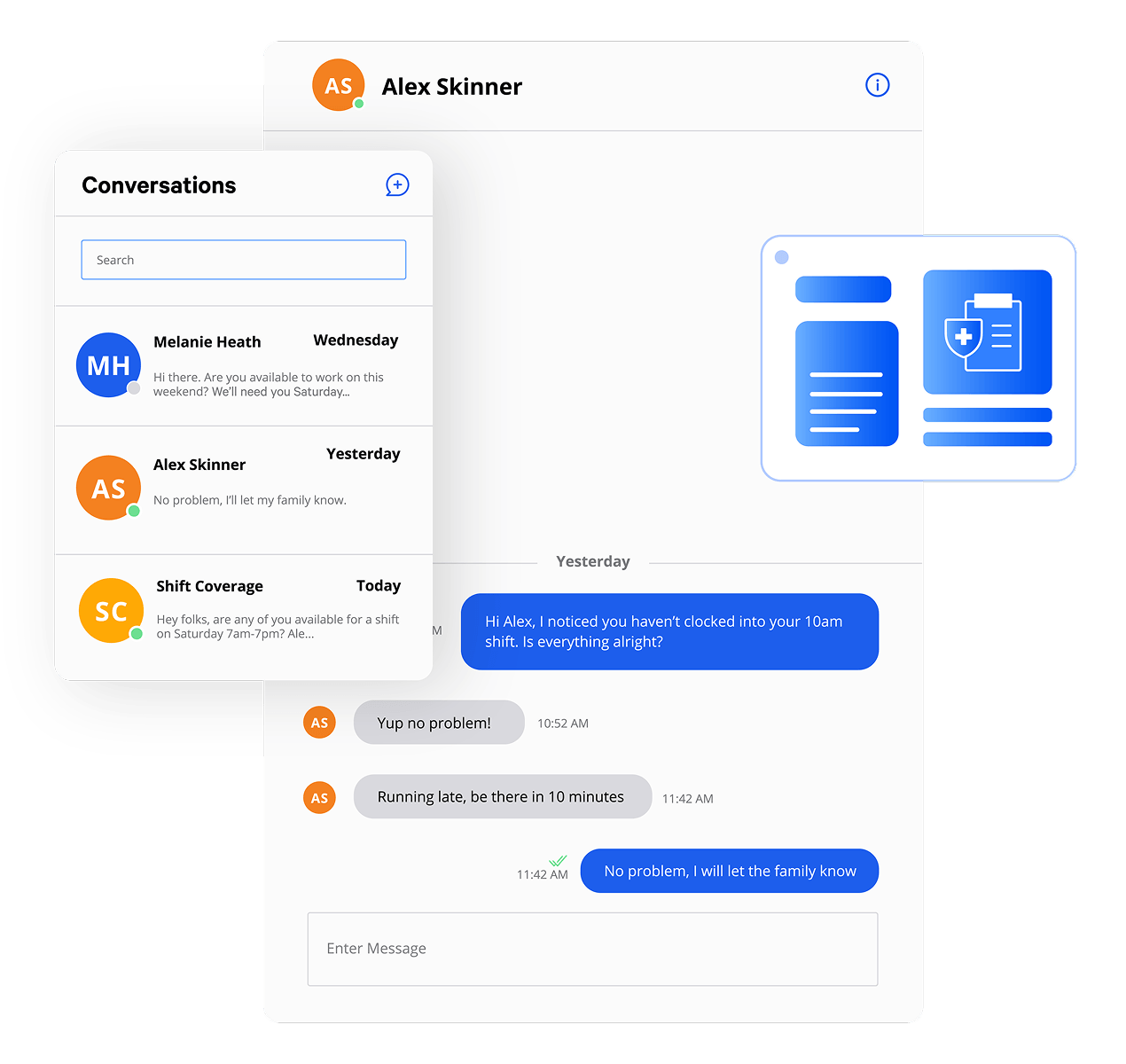 AlayaCare secure messaging conversation list and chat thread checking in on a caregiver's shift and clock-in status