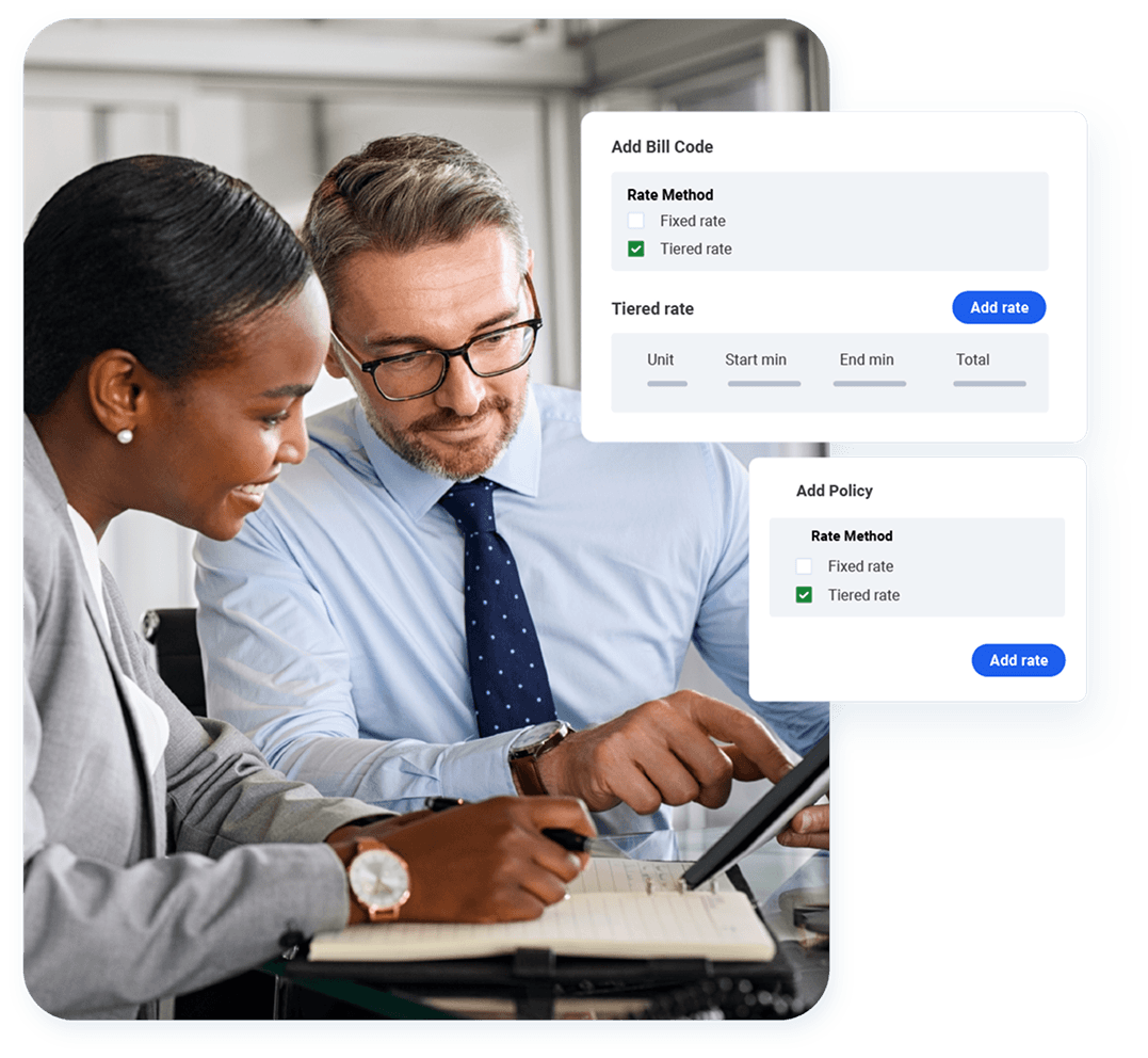 AlayaCare Add Bill Code panel showing fixed and tiered rate method options with an Add Policy panel