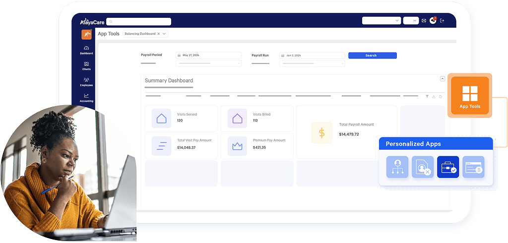 AlayaCare app library dashboard showing pre-built scheduling and payroll apps
