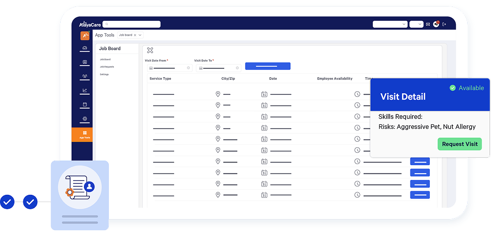 AlayaCare custom workflow app showing a job board and visit details panel