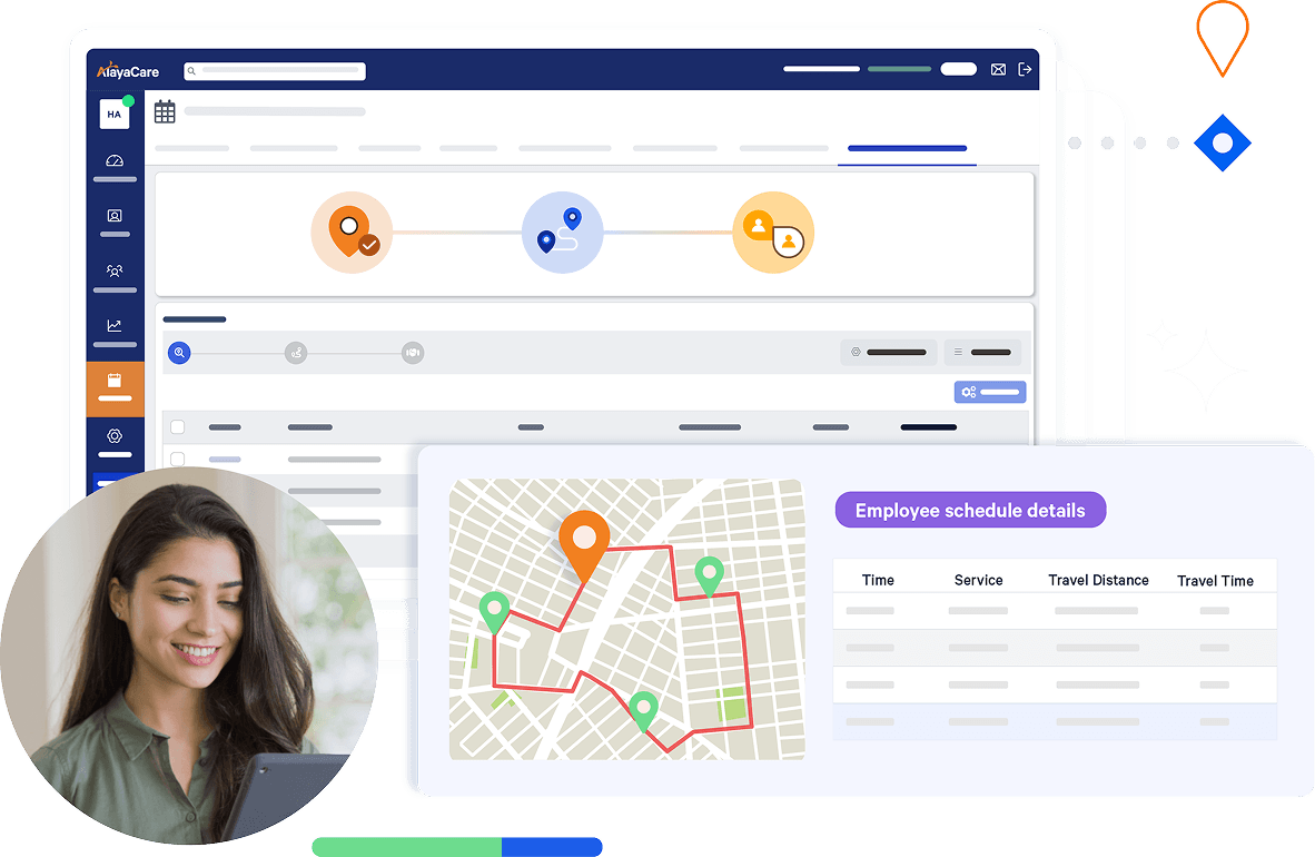 AlayaCare visit management dashboard showing an employee schedule map with travel route and details