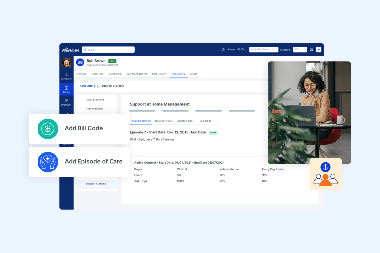 AlayaCare client profile screen showing Support at Home management with billing codes and care episode options