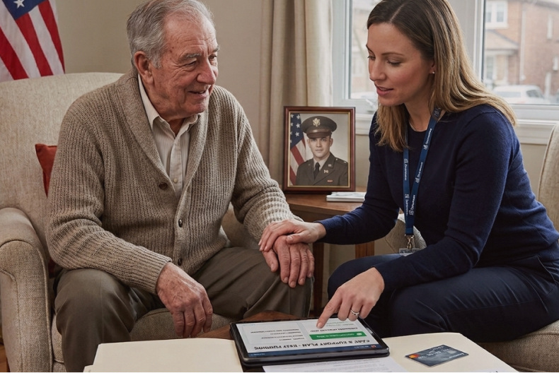 AlayaCare care support plan screen with a next visit confirmation button shown on a tablet