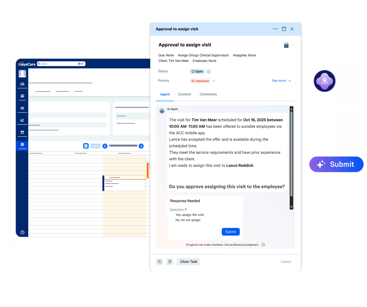 AlayaCare AI agent dialog requesting approval to assign a scheduled visit to an available caregiver