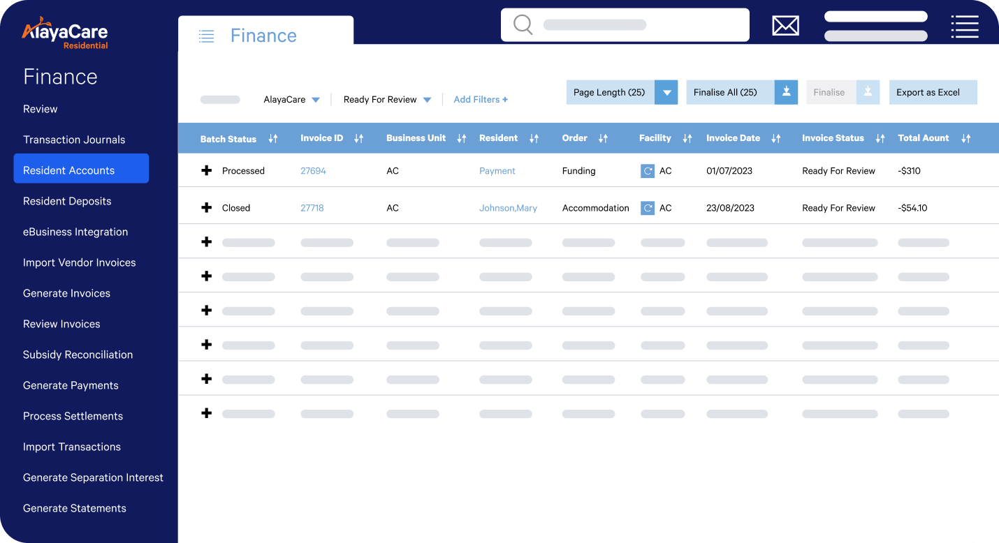 AlayaCare Finance module showing a resident accounts invoice batch table with status and totals