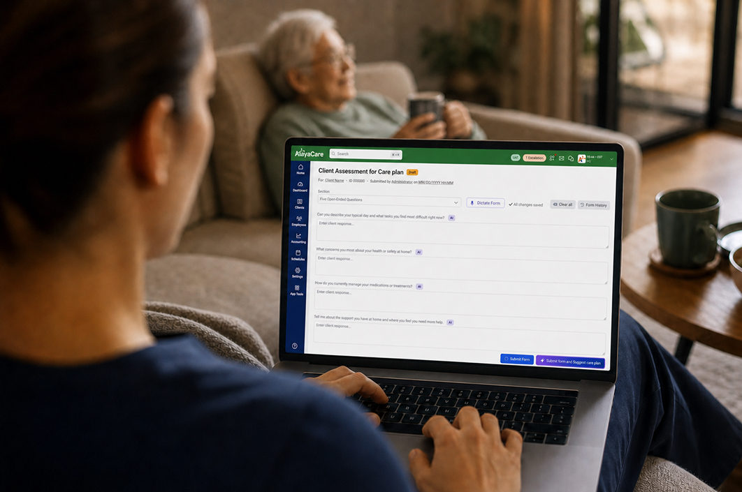 Caregiver on a laptop completing a client assessment for care plan form with a Generate Suggested Care Plan button