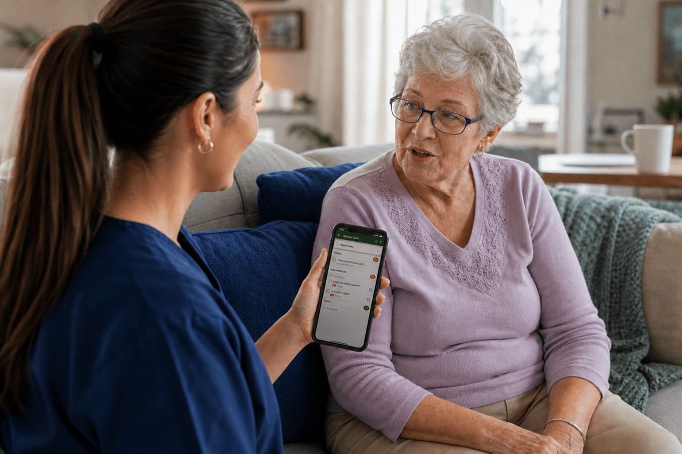 Caregiver showing a client a phone screen displaying a home visit task checklist