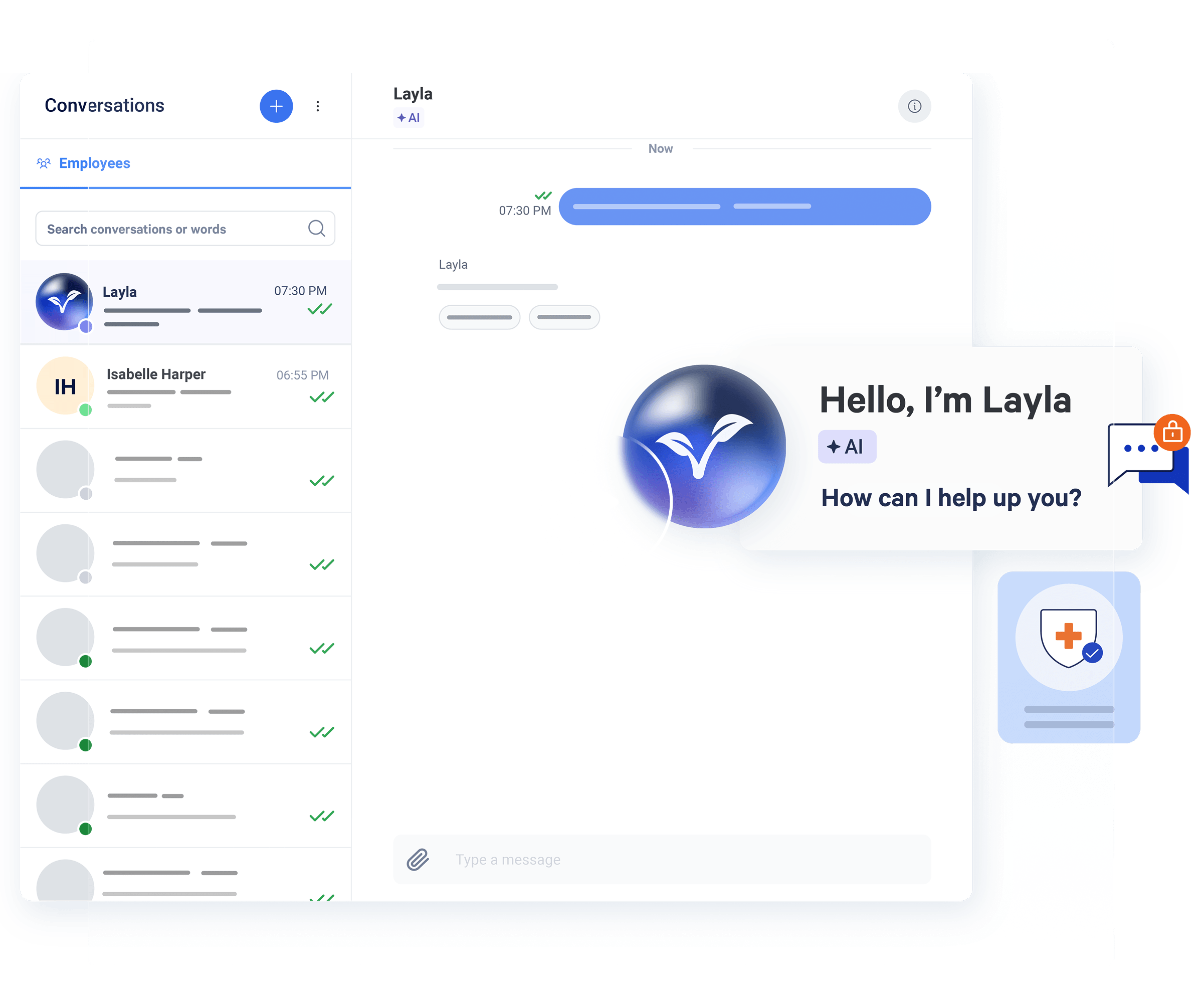 Layla AI chat interface showing a conversation list and a welcome greeting message
