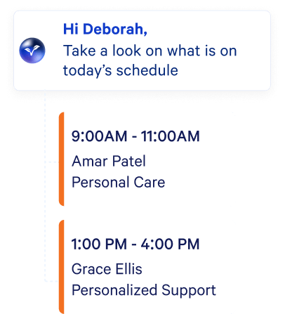 AlayaCare app notification showing a caregiver's daily schedule with client appointment times and service types