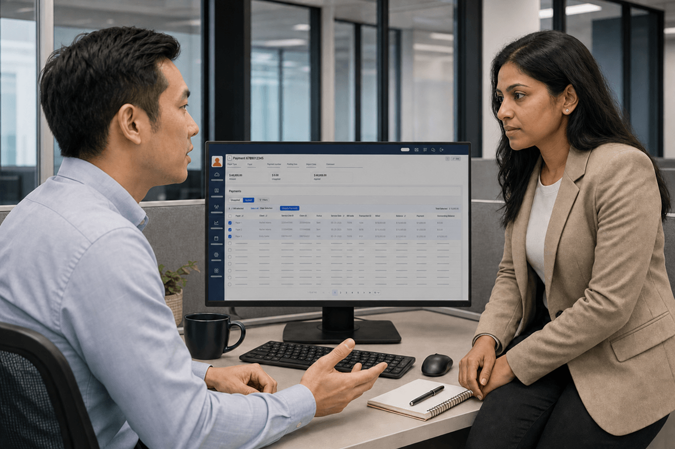 Two office workers discussing an AlayaCare payment details screen showing a payments table on a desktop monitor