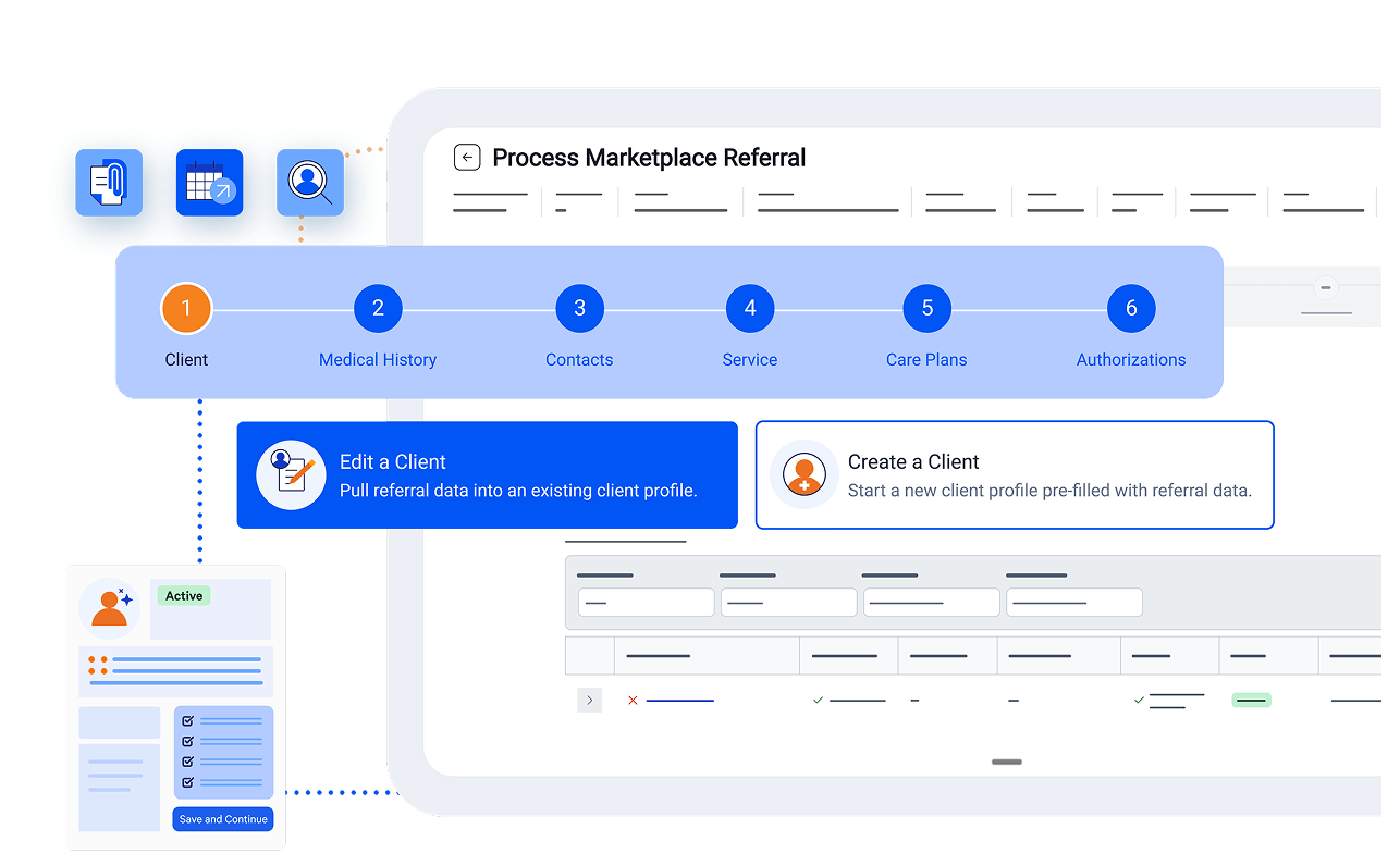 AlayaCare Process Marketplace Referral wizard showing client intake steps and options to edit or create a client profile