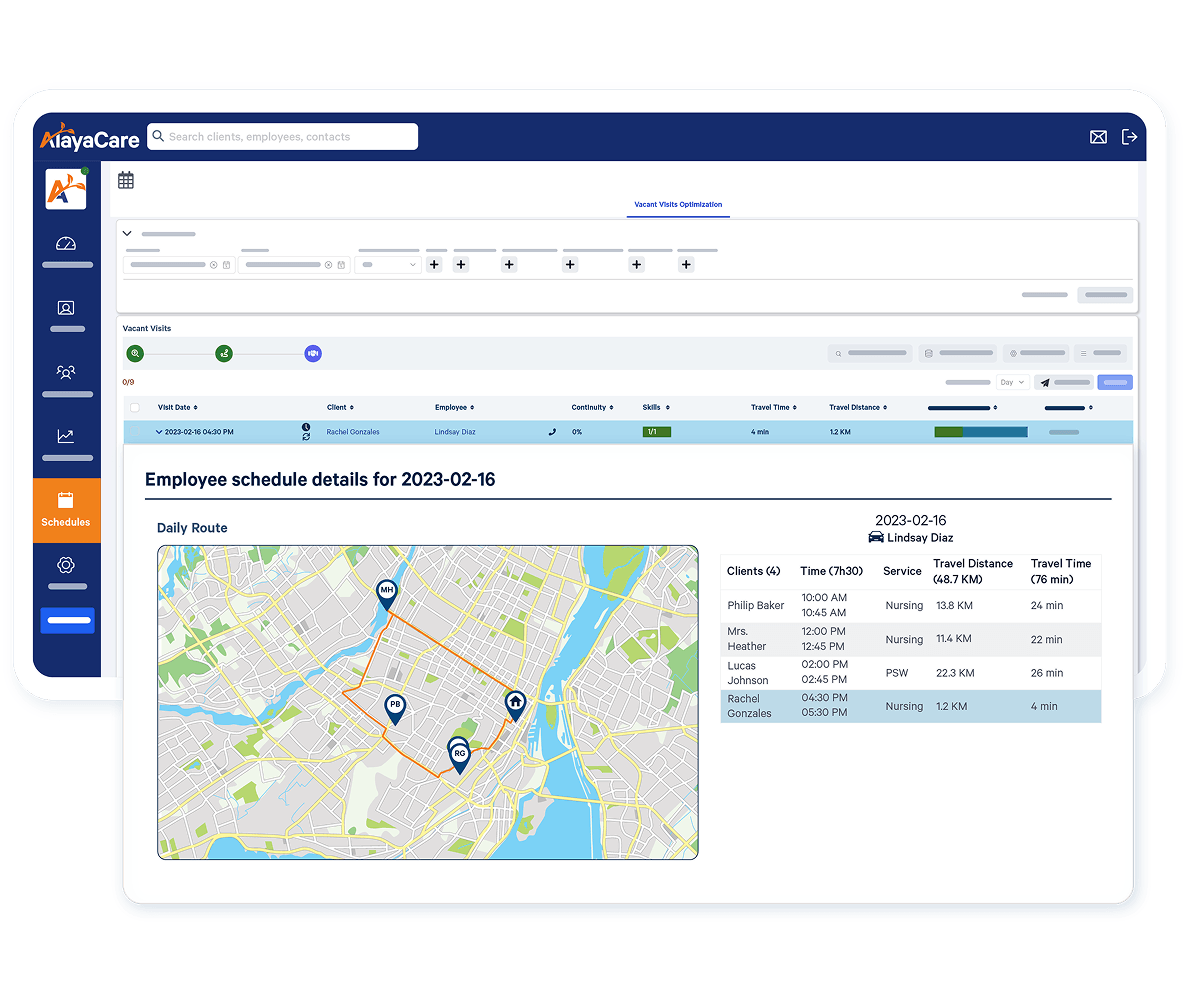 AlayaCare employee schedule details showing a daily route map and client visit travel times