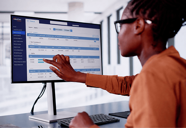 AlayaCare Residential finance module showing an invoicing and billing table interface