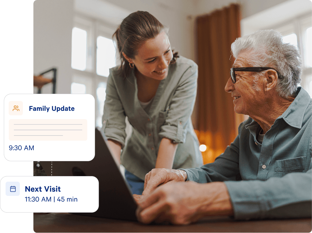 AlayaCare app showing a family update notification and next scheduled visit details