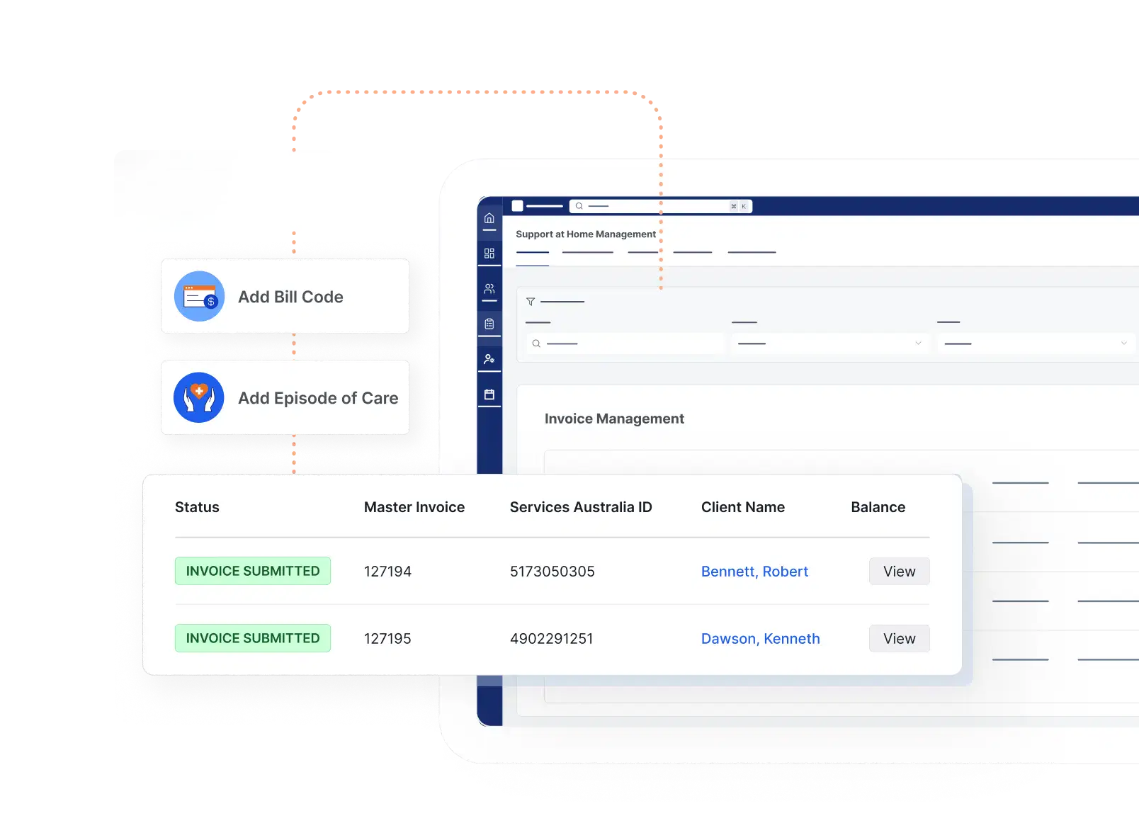 AlayaCare Support at Home invoice management screen listing submitted invoices with Services Australia IDs and client names