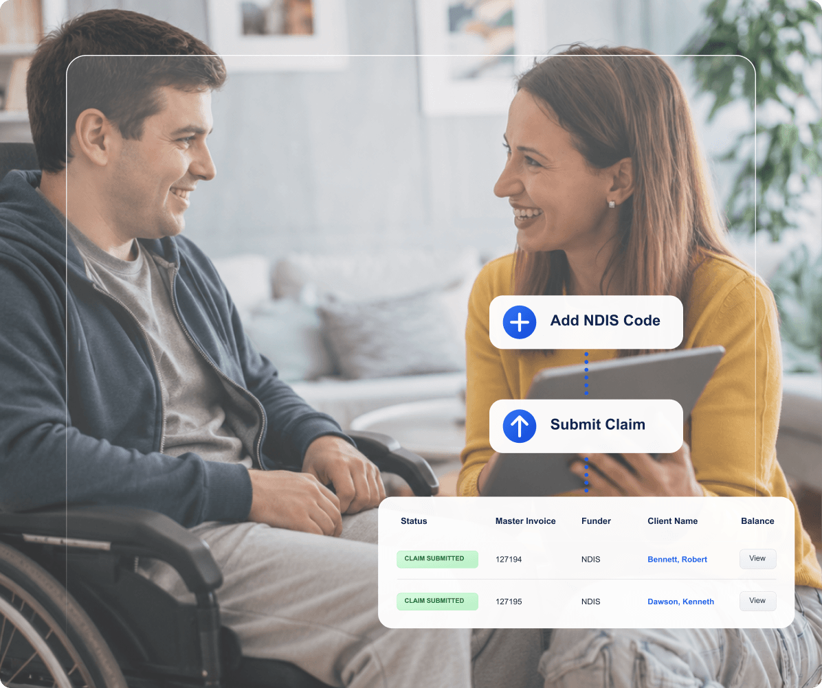 AlayaCare app showing NDIS claim submission with a list of submitted client claims