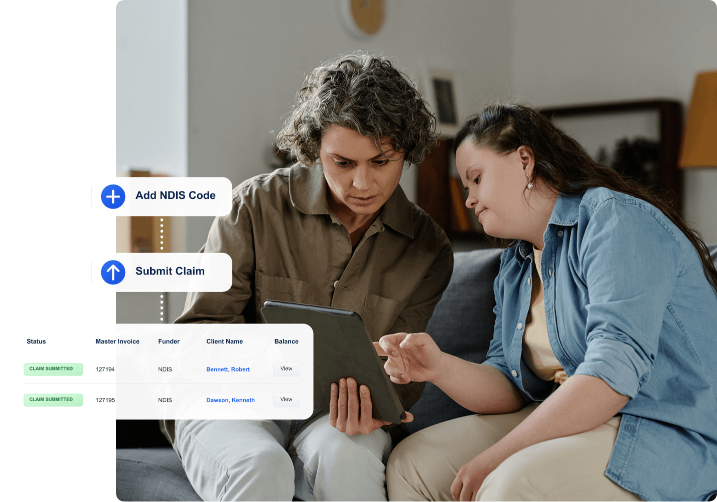 AlayaCare screen showing NDIS claim submission options and a table of submitted client claims