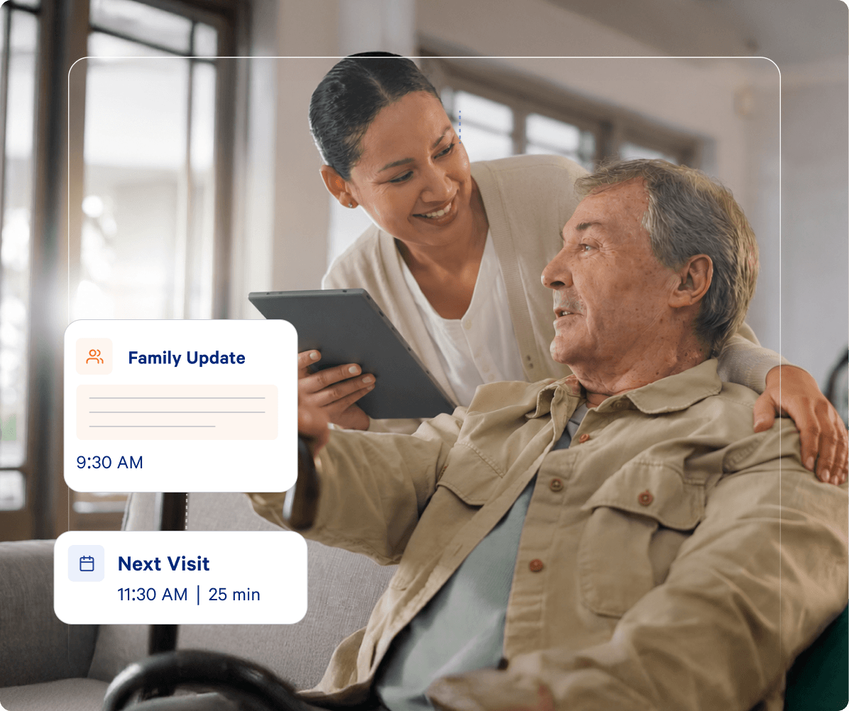 AlayaCare app showing a family update and next visit notification during a home care visit